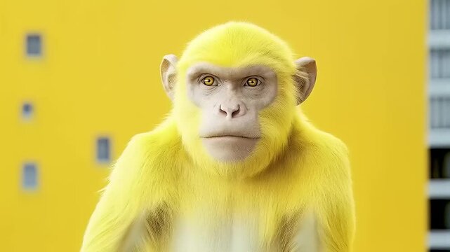 Vivid Yellow Monkey Portrait Amidst Bold Urban Architecture