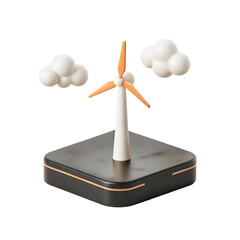 Wind turbine with orange blades and white clouds isolated on a transparent background