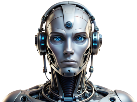 Closeup portrait of a futuristic robot with blue eyes and headphones isolated on transparent background