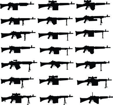 Light Machine Gun Vector Illustration Set. A comprehensive collection of military and heavy weapon silhouettes for army, war, and tactical concepts.