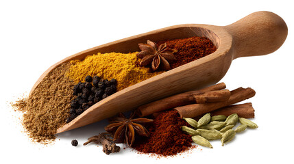 Garam masala mix in wooden scoop isolated on a white background