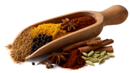 Garam masala mix in wooden scoop isolated on a white background