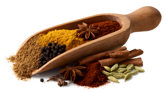 Garam masala mix in wooden scoop isolated on a white background