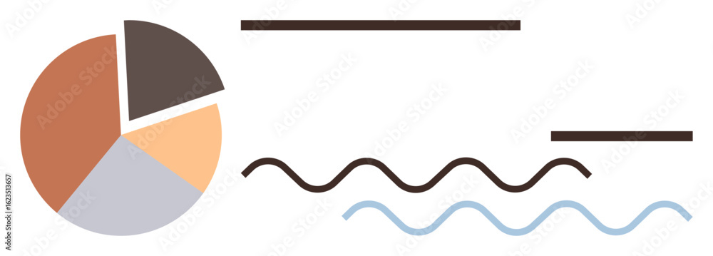Poster pie chart with three segments, straight lines, and wavy lines representing data, analysis, and prese