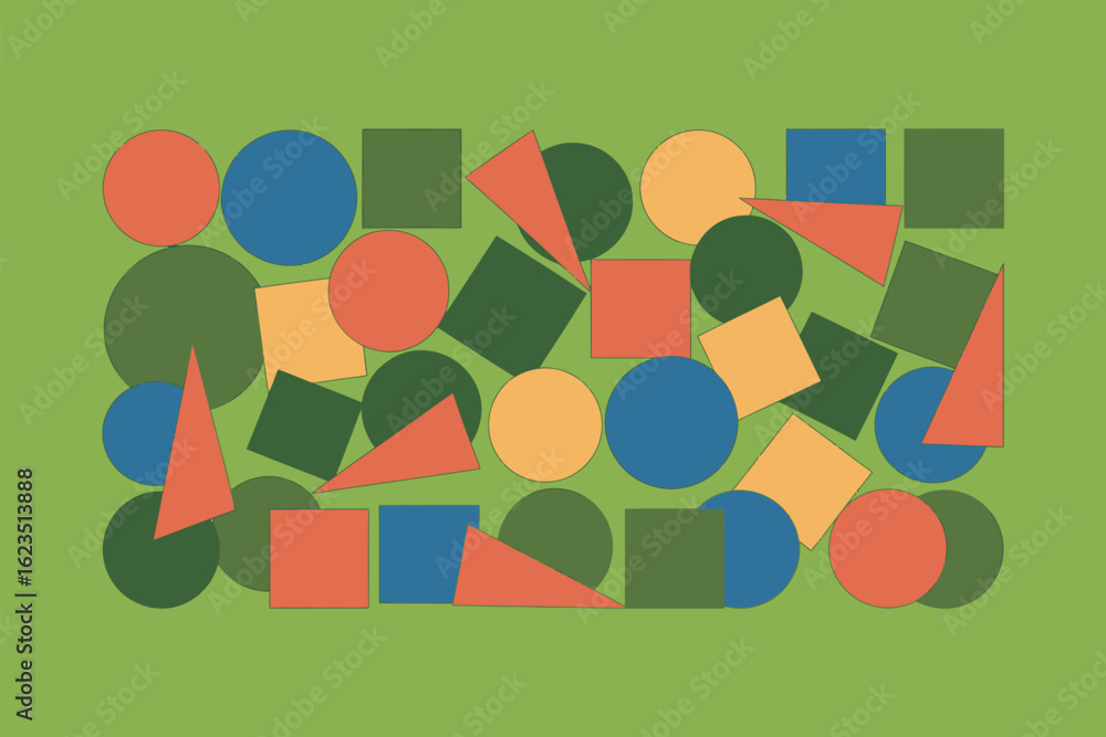 Poster an abstract arrangement of colorful circles squares and triangles on a light green background surfac