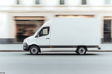 White delivery van speeding past buildings, symbolizing rapid transport. Its clean design suggests efficiency and reliability. Motion blur adds a dynamic feel.