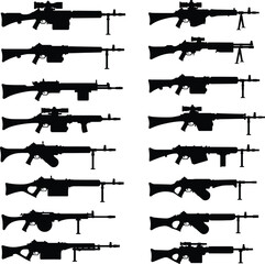 Light Machine Gun Vector Illustration Set. A comprehensive collection of military and heavy weapon silhouettes for army, war, and tactical concepts.