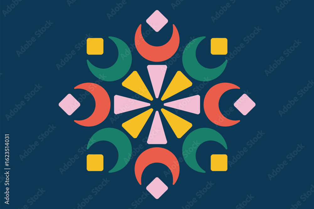 Poster colorful geometric pattern with crescents squares and triangles on a dark blue background symmetrica