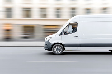 White delivery van speeds through an urban environment, suggesting efficiency and modern transport solutions. A commercial vehicle in motion.