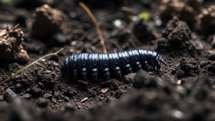 Fototapeta premium Close-up of a black millipede on soil, revealing details of its segmented body and legs in a natural environment.