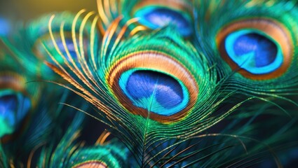 Fototapeta premium Vibrant peacock feathers with eye-like patterns and vivid colors. Nature, plumage, beauty, and intricate details. The natural design of peacock tail feathers.