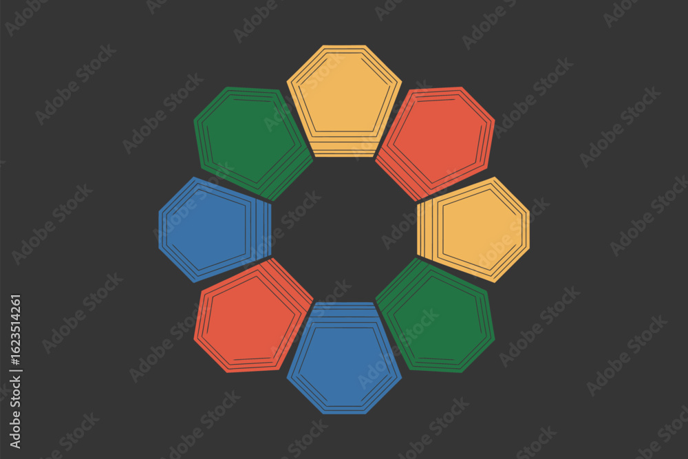 Poster colorful stacked heptagons arranged in a circular pattern on a gray background forming a ring shape