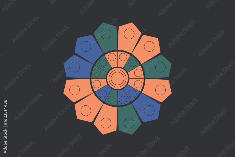 Poster a circular design with alternating orange blue and green segments and circles on a dark gray backgro