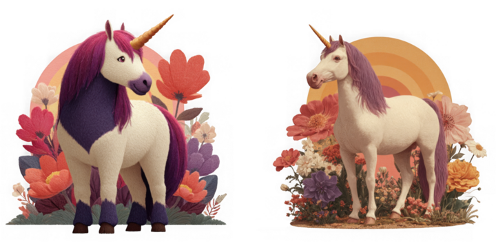 Two beautiful unicorns standing in a field of colorful flowers with a rainbow in the background isolated on transparent background