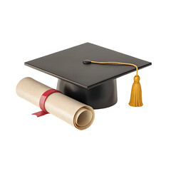 Graduation cap and diploma scroll isolated on a transparent background