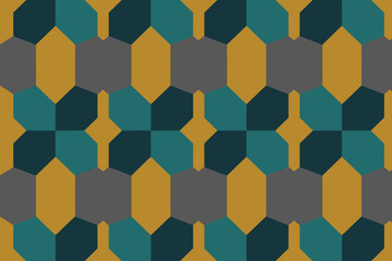 A geometric pattern featuring hexagons and squares in shades of gold gray and teal arranged symmetrically