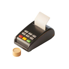 Payment terminal with receipt and coin isolated on a transparent background