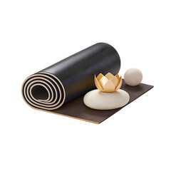 Rolled yoga mat with golden lotus and stones isolated on a transparent background