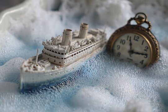 ivory vessel foundering in milky surf beside antique timepiece  
