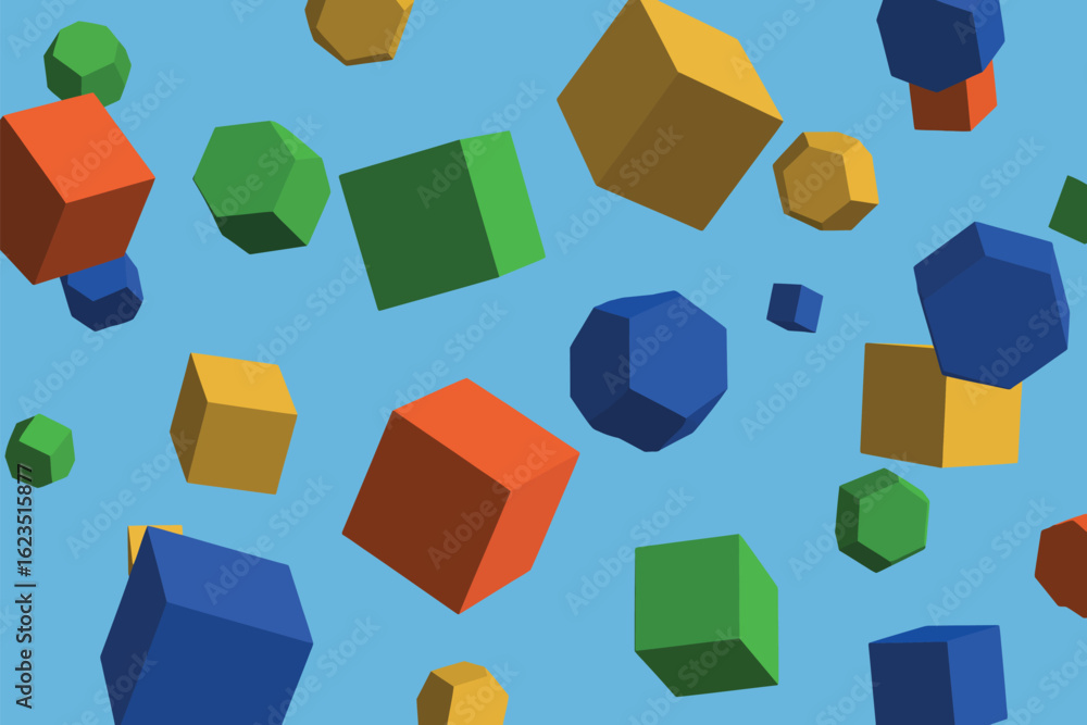 Poster a light blue background filled with several colorful geometric shapes floating in different directio