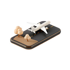 White airplane on runway with trees isolated on a transparent background