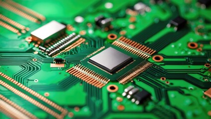 Obraz premium Close-up of a green printed circuit board (PCB) with electronic components and gold-plated contacts.