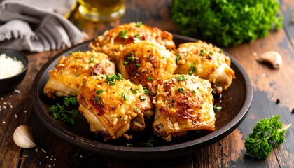 Roasted chicken thighs garnished