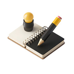 Yellow bulb black pencil writing on notebooks isolated on a transparent background