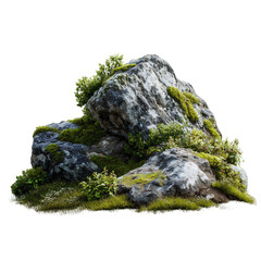 A vibrant landscape view features green moss on the rocks along a hiking trail where a stone cliff overlooks a summer mountain valley under a clear blue sky