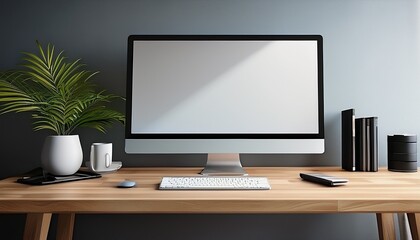 Fototapeta premium sleek white minimalist monitor riser on wooden desk modern interior design and workspace concept in lucid realism style