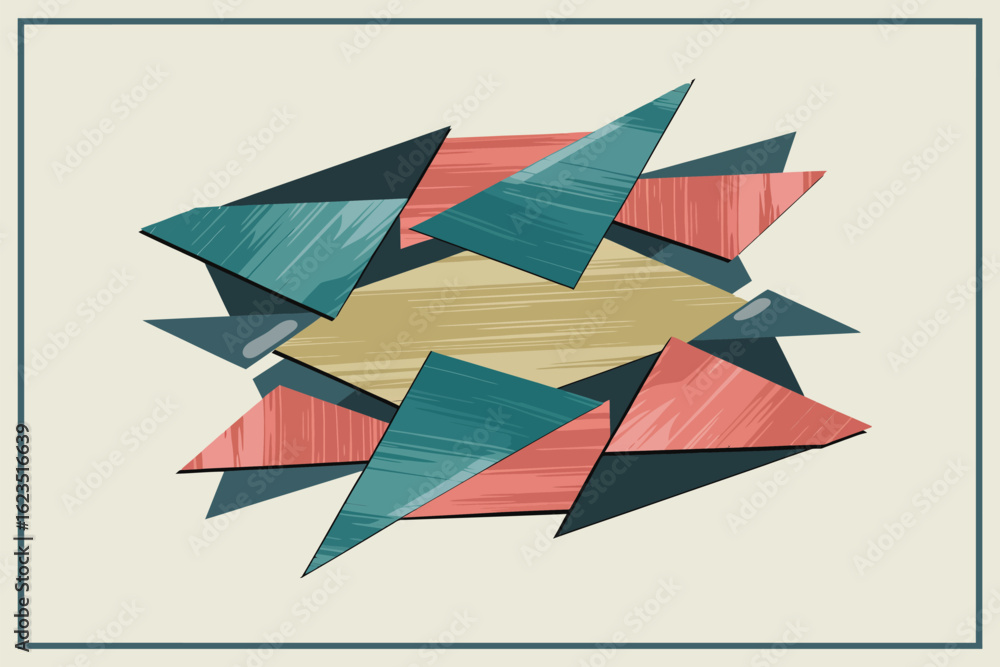 Poster abstract composition featuring overlapping triangles in shades of teal red and beige with shadows
