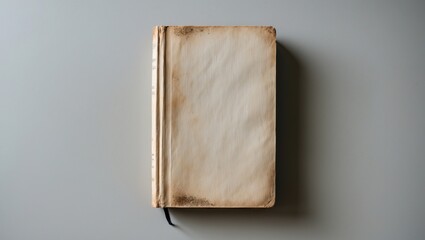 A worn-out, old book with a blank cover placed on a plain, light-colored surface.