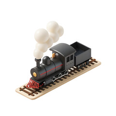 Black steam train on tracks isolated on a transparent background