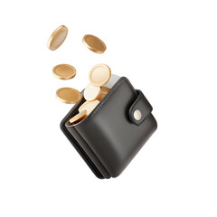 Black wallet gold coins falling isolated on a transparent background