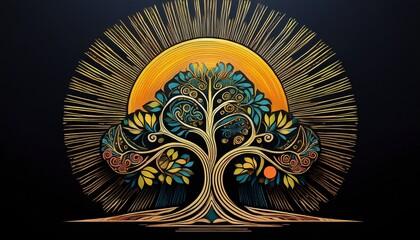 a stylized tree and sun are isolated against a black background in the stock photo