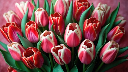 Fototapeta premium A vibrant bouquet of pink and red tulips with green leaves.