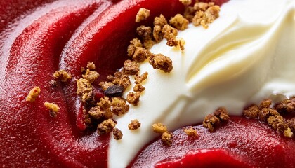 red fruit puree and white cream swirled with brown crumbs in macro close up abstract textured sauce smear food macro for packaging dessert label and culinary design