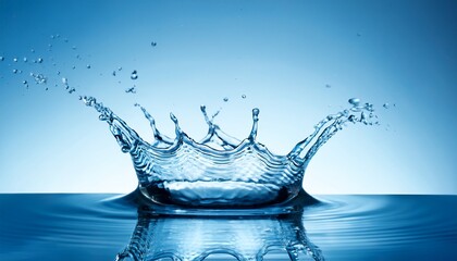 dinamic splash of pure fluid water crown for presentation on blue background