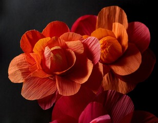 close up of crepe paper flowers in shades of red and orange on black background studio shot dramatic lighting