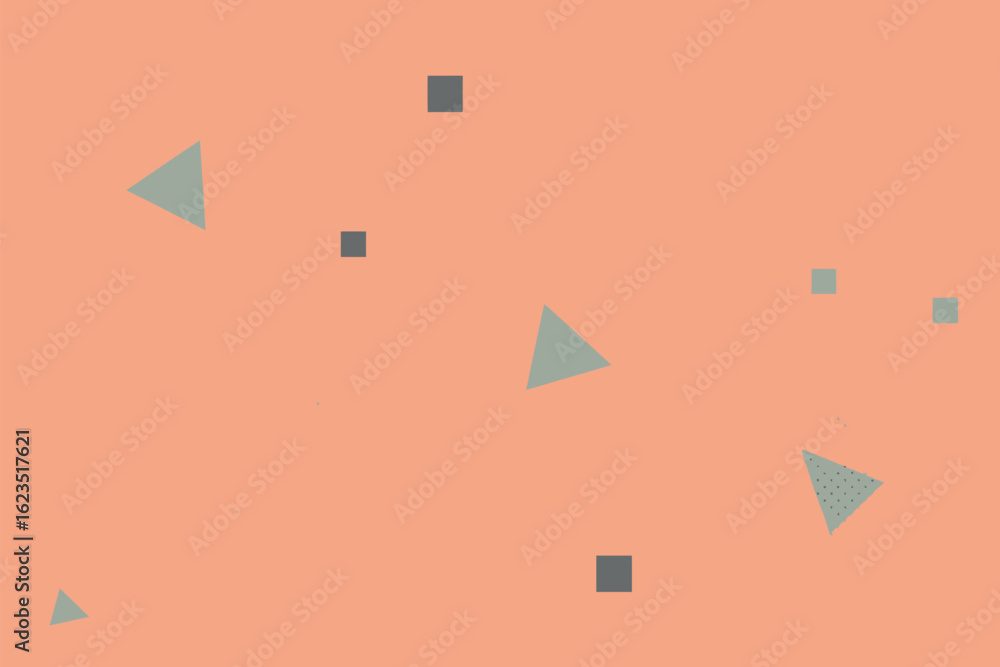 Poster an abstract composition featuring scattered gray triangles and squares on a peach colored background