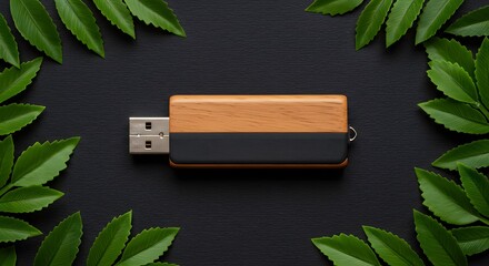 A wooden usb drive on a black surface surrounded by green leaves creating a natural tech concept look ai generative