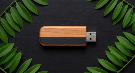Wooden usb drive on black background surrounded by green leaves in a square arrangement centered ai generative