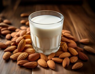 a glass of creamy almond milk surrounded by whole almonds on a wooden surface highlighting a healthy and dairy free beverage option
