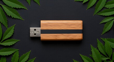 Wooden usb drive surrounded by green leaves on a dark background in a centered composition ai generative
