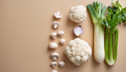minimalist top view of cauliflower celery garlic and mushroom arranged vertically on beige textured background m clean vegetable flat lay for healthy food concepts and kitchen content