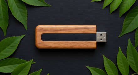A wooden usb drive surrounded by green leaves on a black background in a centered top down view ai generative