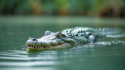 Obraz premium Crocodile swimming in water with a blurred green background