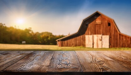 weathered rustic oak table with blurred barn creates an inviting atmosphere for your products and designs outdoors and rustic themes
