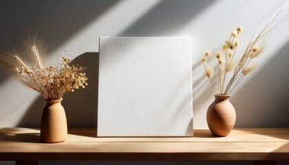 minimalistic scene with a blank textured canvas on a wooden platform surrounded by soft shadows and dried flowers in a vase