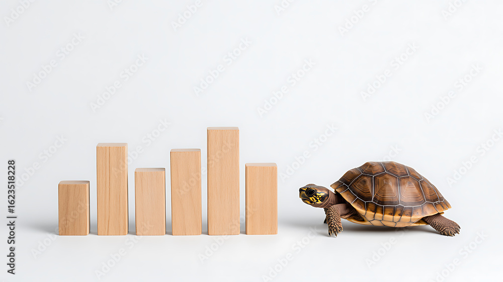 Poster slow and steady growth concept with a tortoise and wooden blocks depicting a graph, isolated on a wh